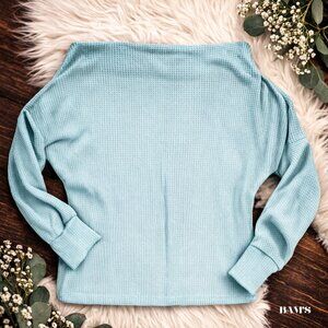 Eesome Blue Waffle Knit Boat Neck Sweater | Slouchy Cozy Pullover S